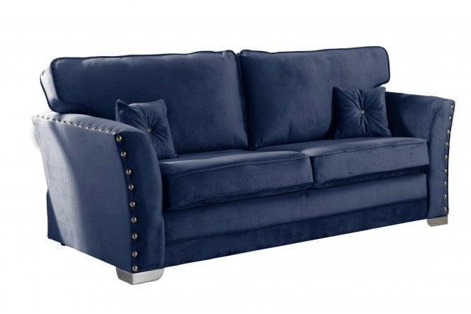 Navy blue velvet 3-seater sofa with studded armrests and metal legs