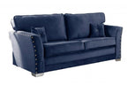 Navy blue velvet 3-seater sofa with studded armrests and metal legs