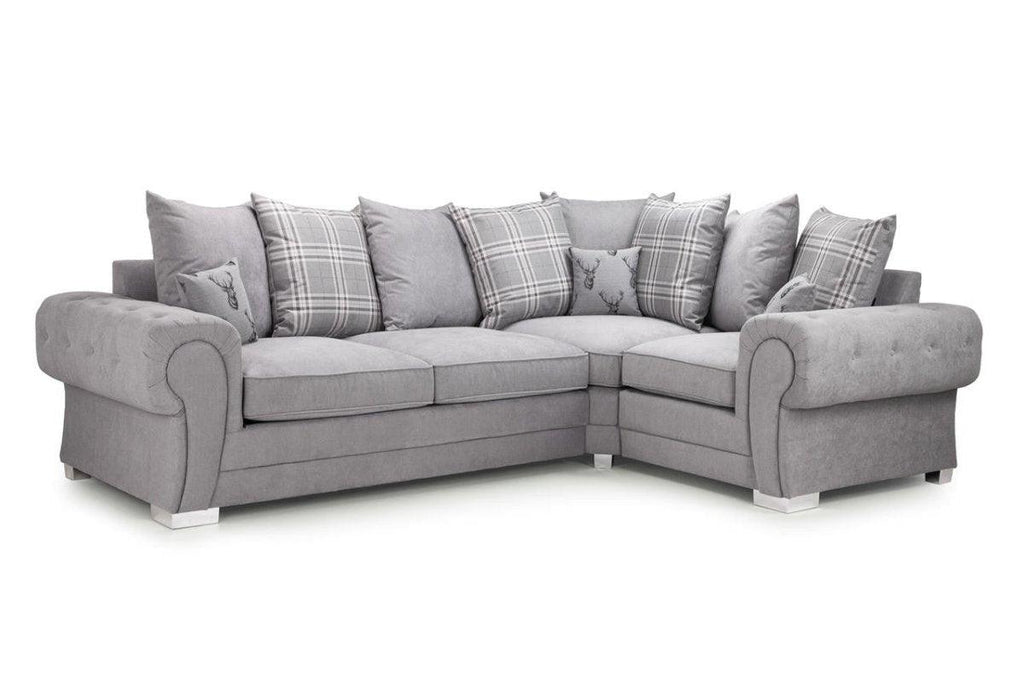 Grey left-facing corner sofa bed with scatterback cushions and rolled arms