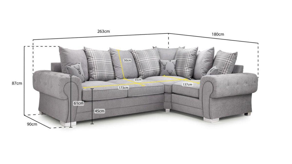 Grey left-facing corner sofa bed with scatterback cushions and detailed size measurements