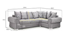 Grey left-facing corner sofa bed with scatterback cushions and detailed size measurements