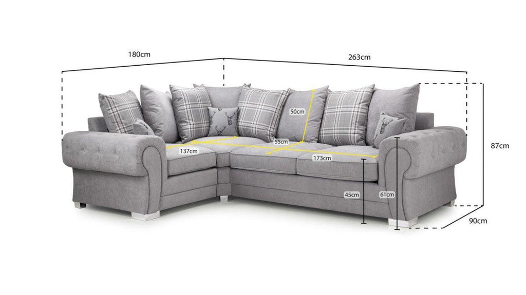 Grey right-facing corner sofa bed with scatterback cushions, plaid details, and measurements shown