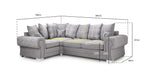 Grey right-facing corner sofa bed with scatterback cushions, plaid details, and measurements shown