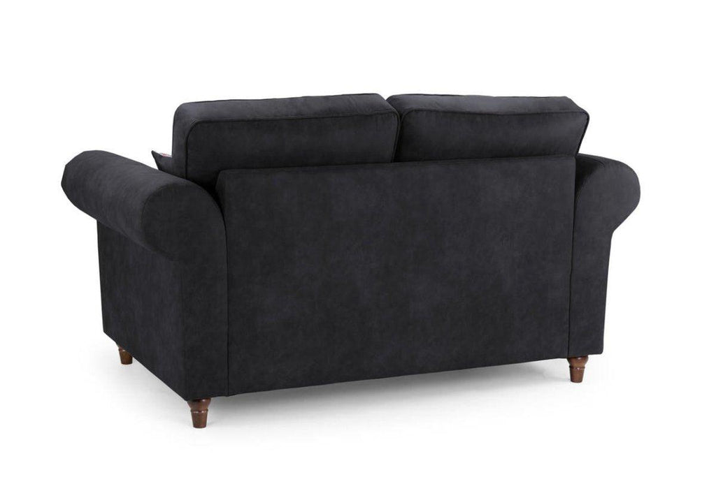 Black two-seater sofa with rolled arms, wooden legs, and plush back cushions