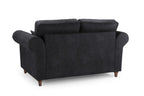 Black two-seater sofa with rolled arms, wooden legs, and plush back cushions