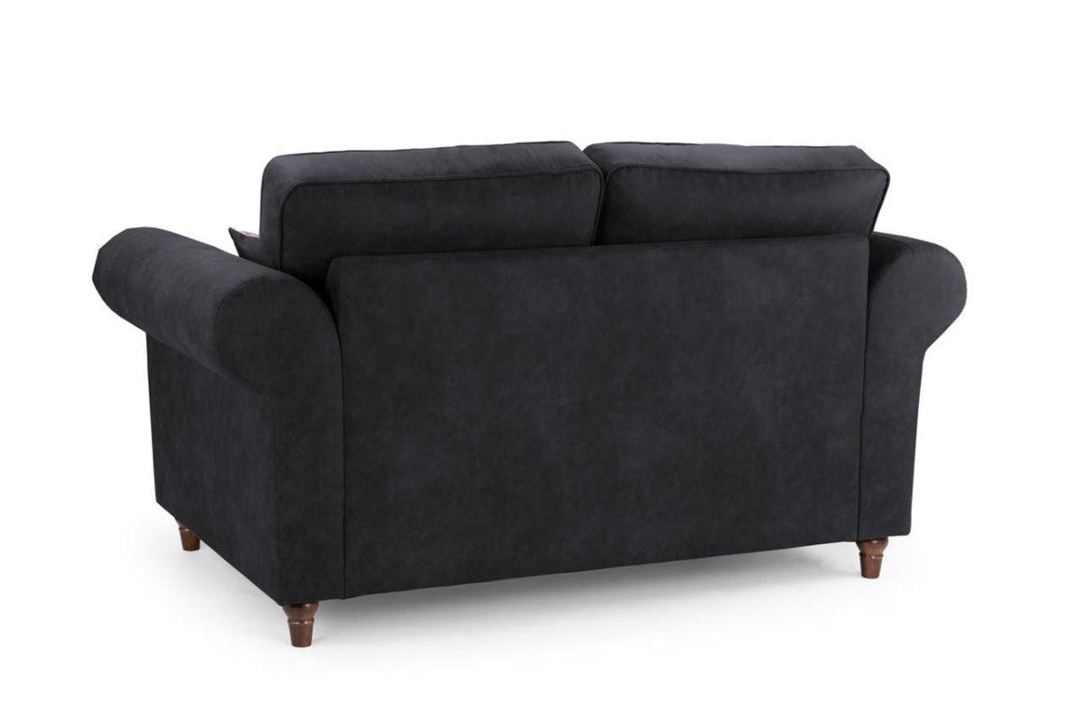 Black two-seater sofa with rolled arms, wooden legs, and plush back cushions