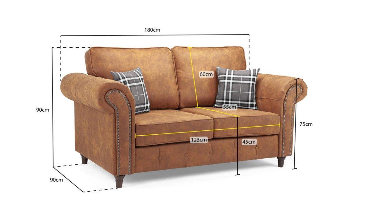 Brown 2-seater sofa with rolled arms, plaid cushions, and clear measurement dimensions