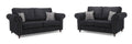 Black 3 and 2 seater sofa set with rolled arms, nailhead trim, and plaid accent cushions
