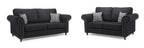 Black 3 and 2 seater sofa set with rolled arms, nailhead trim, and plaid accent cushions