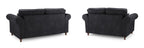 Black three and two seater sofa set with rolled arms and wooden legs, rear view