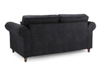 Black 3-seater fabric sofa with rolled arms and wooden legs, rear view on white background