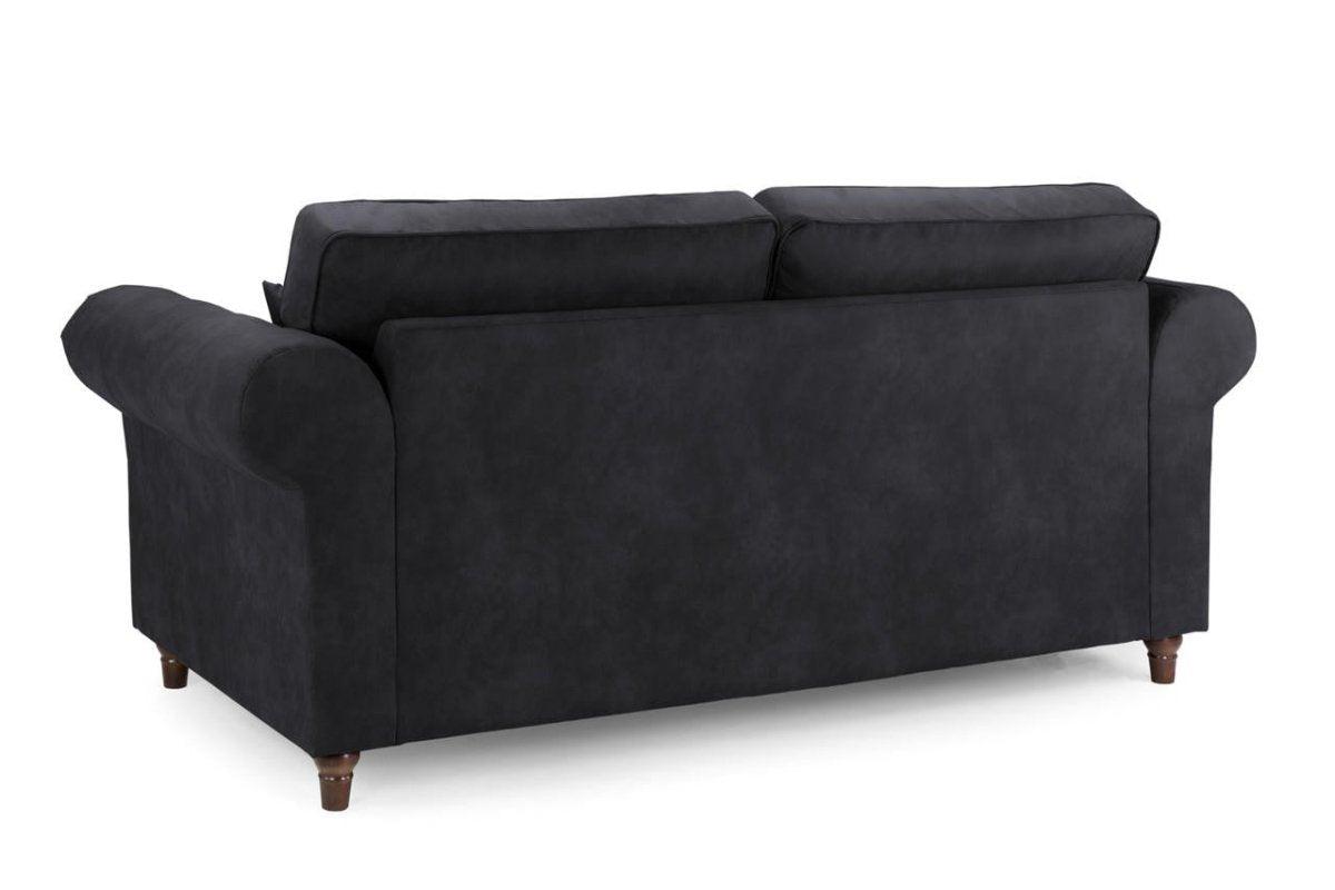 Black 3-seater fabric sofa with rolled arms and wooden legs, rear view on white background