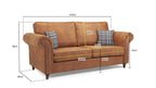 Brown three-seater sofa with rolled arms, plaid cushions, and visible dimensions labeled in centimeters.