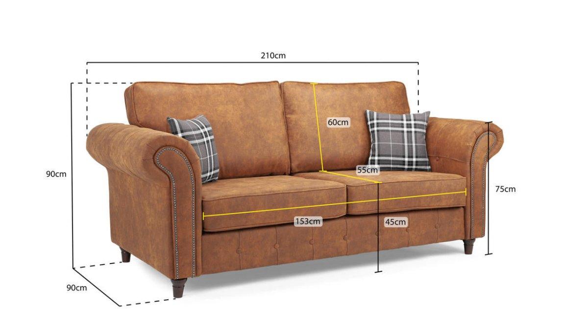Brown three-seater sofa with rolled arms, plaid cushions, and visible dimensions labeled in centimeters.