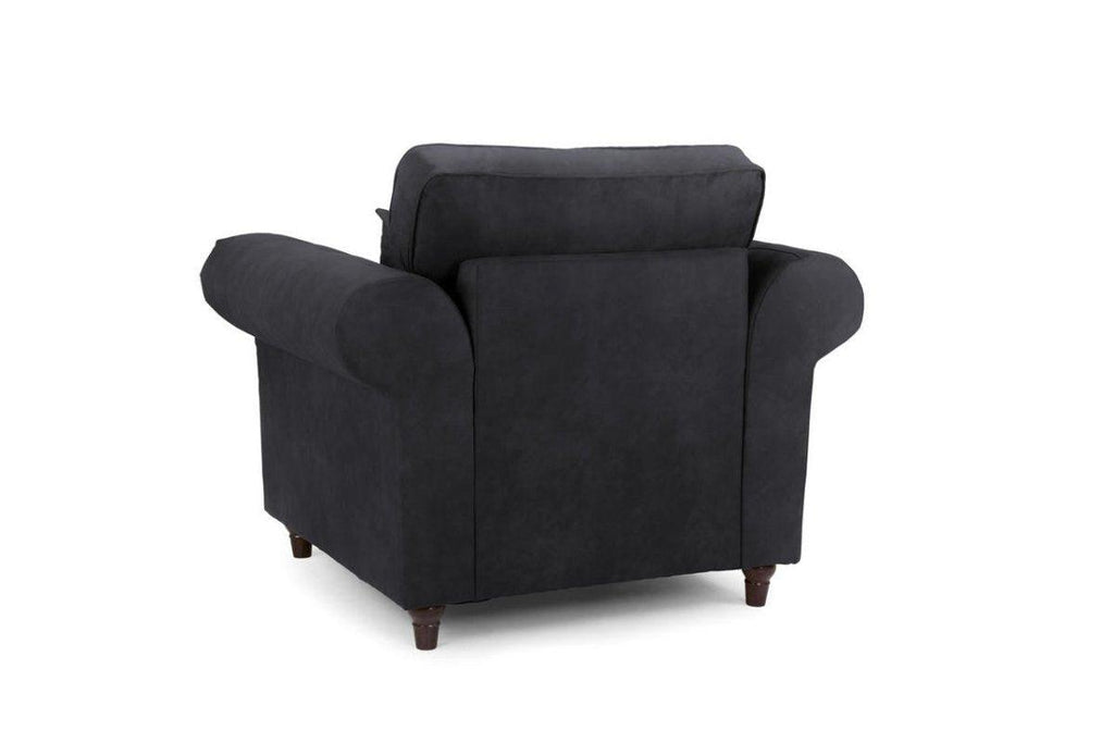 Black single-seater armchair with rounded arms and wooden legs, rear view, on white background