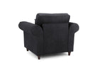 Black single-seater armchair with rounded arms and wooden legs, rear view, on white background
