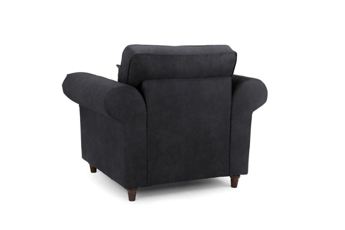 Black single-seater armchair with rounded arms and wooden legs, rear view, on white background