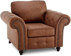 Brown leather armchair with rolled arms and studded detailing, classic one-seater sofa