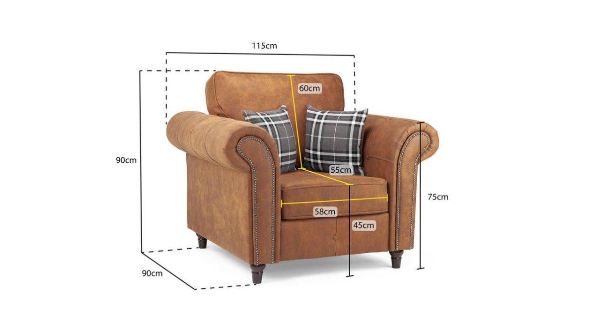 Brown leather armchair with rolled arms, plaid cushions, and visible dimensions in cm