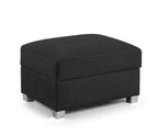 Black upholstered footstool with storage and silver legs on white background