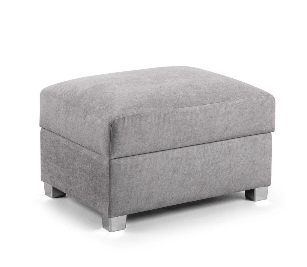 Light grey footstool with storage and short legs, modern fabric ottoman on white background