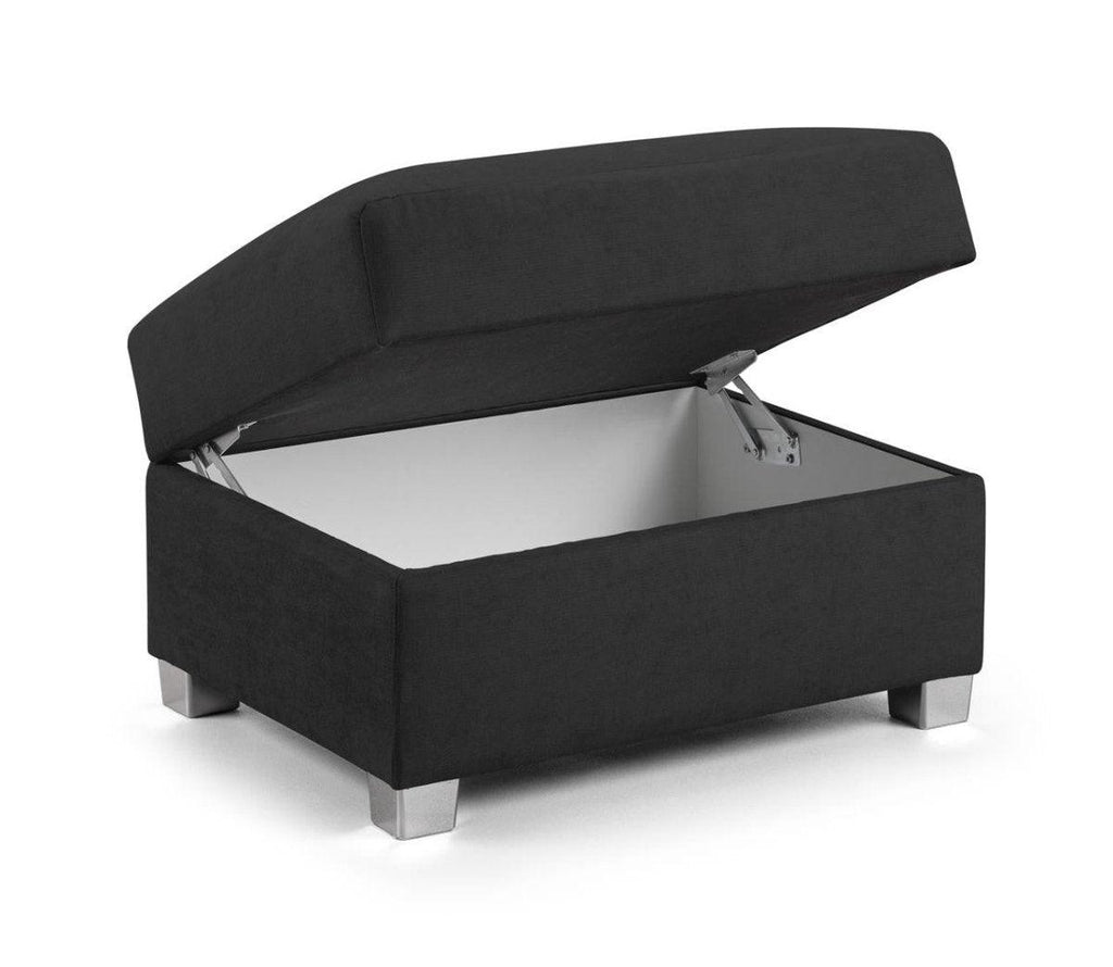 Black fabric footstool with lift-up lid and storage compartment, modern metal legs