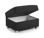 Black fabric footstool with lift-up lid and storage compartment, modern metal legs