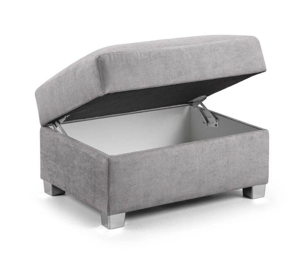 Grey fabric storage footstool with lift-up lid and silver legs, modern living room furniture