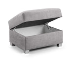 Grey fabric storage footstool with lift-up lid and silver legs, modern living room furniture