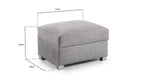 Grey footstool with storage, metal legs, and dimensions 77cm x 56cm x 43cm