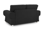 Back view of modern black 2-seater sofa with plush cushioning and short metallic legs