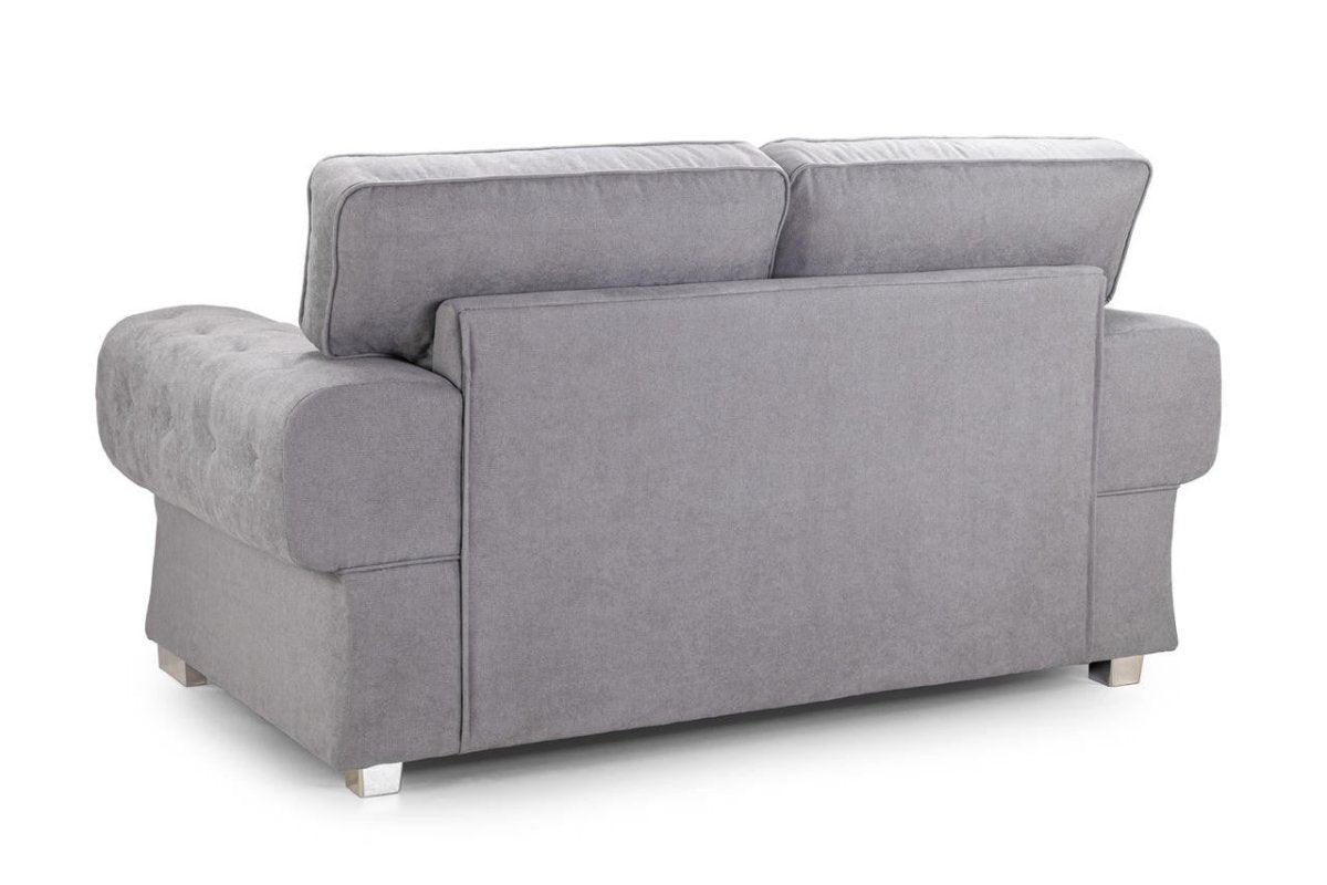 Back view of a modern grey two-seater fabric sofa with plush cushions and square legs