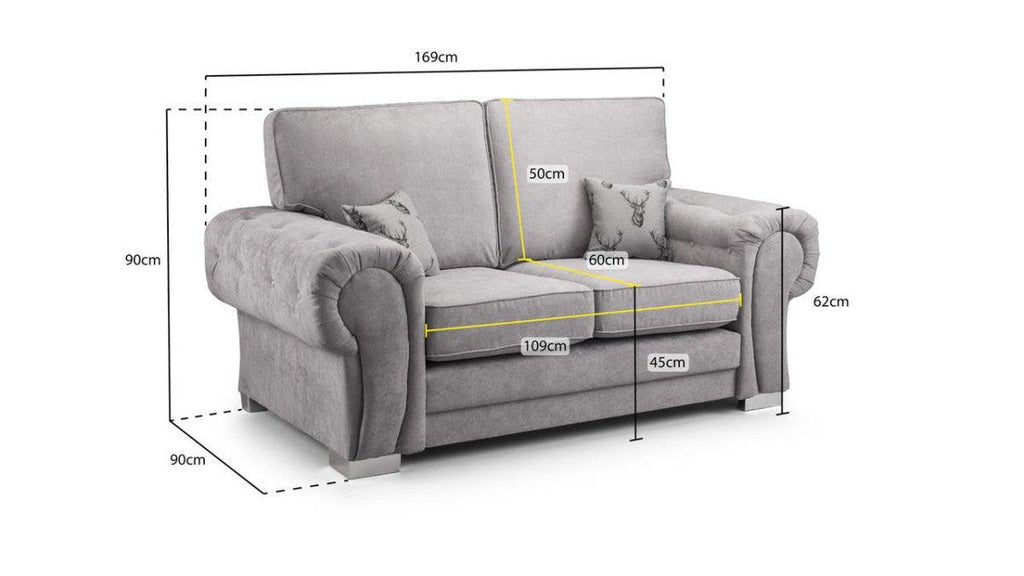 Light grey 2-seater sofa with armrests, stag print cushions, and measurements labeled.