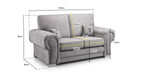 Light grey 2-seater sofa with armrests, stag print cushions, and measurements labeled.
