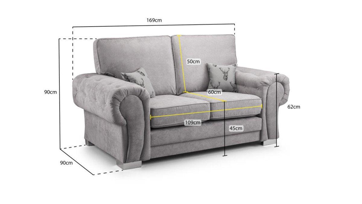 Light grey 2-seater sofa with armrests, stag print cushions, and measurements labeled.