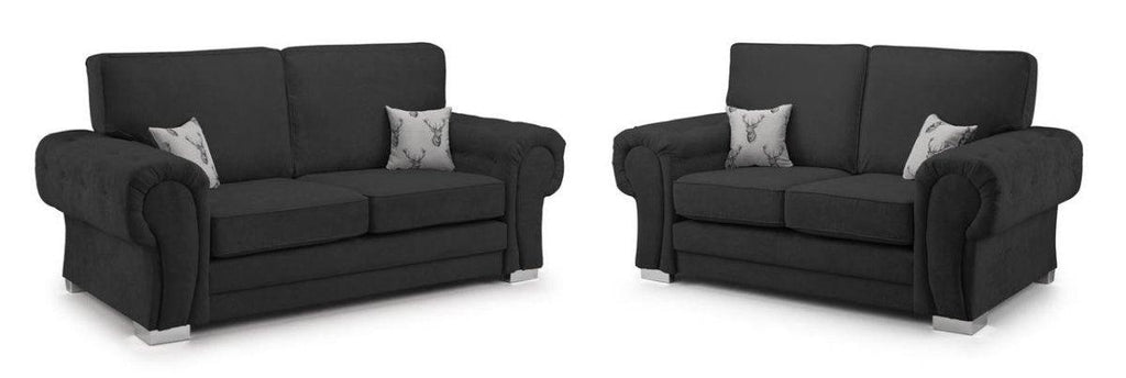 Black velvet 3 and 2 seater sofa set with rolled arms and stag print cushions