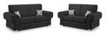 Black velvet 3 and 2 seater sofa set with rolled arms and stag print cushions