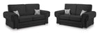 Black velvet 3 and 2 seater sofa set with rolled arms and stag print cushions