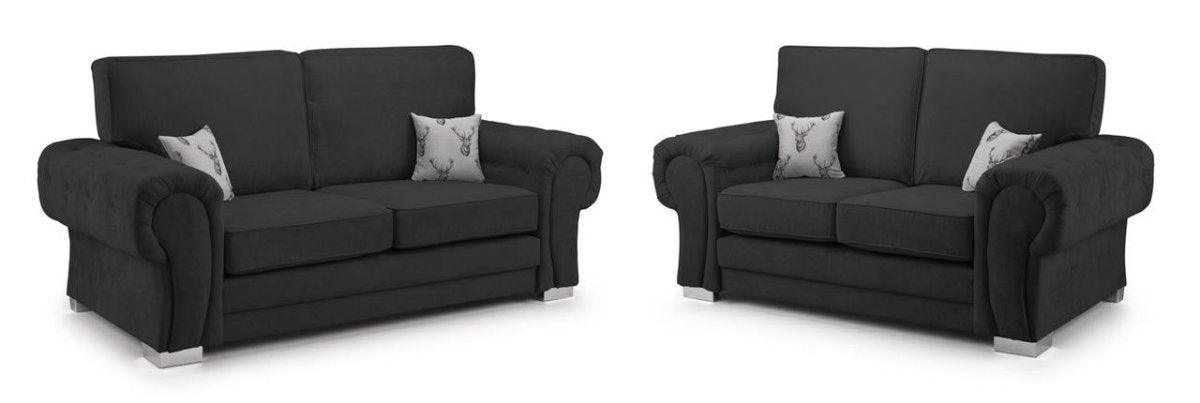 Black velvet 3 and 2 seater sofa set with rolled arms and stag print cushions