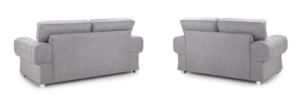 Grey fabric 3-seater and 2-seater sofa set, rear view, with cushioned backs and arms