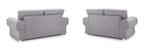 Grey fabric 3-seater and 2-seater sofa set, rear view, with cushioned backs and arms