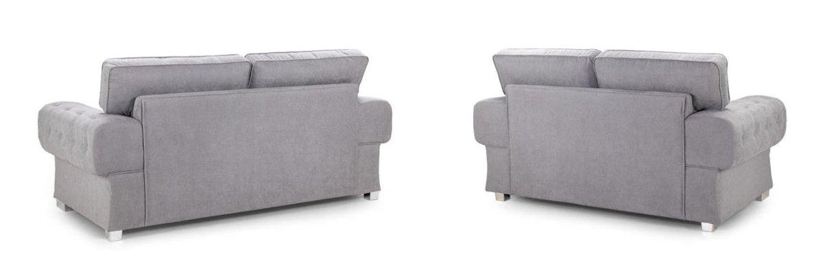 Grey fabric 3-seater and 2-seater sofa set, rear view, with cushioned backs and arms