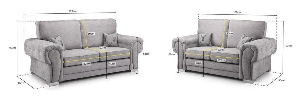 Modern grey fabric sofa set with two- and three-seater sofas, detailed size dimensions shown