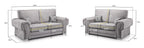 Modern grey fabric sofa set with two- and three-seater sofas, detailed size dimensions shown