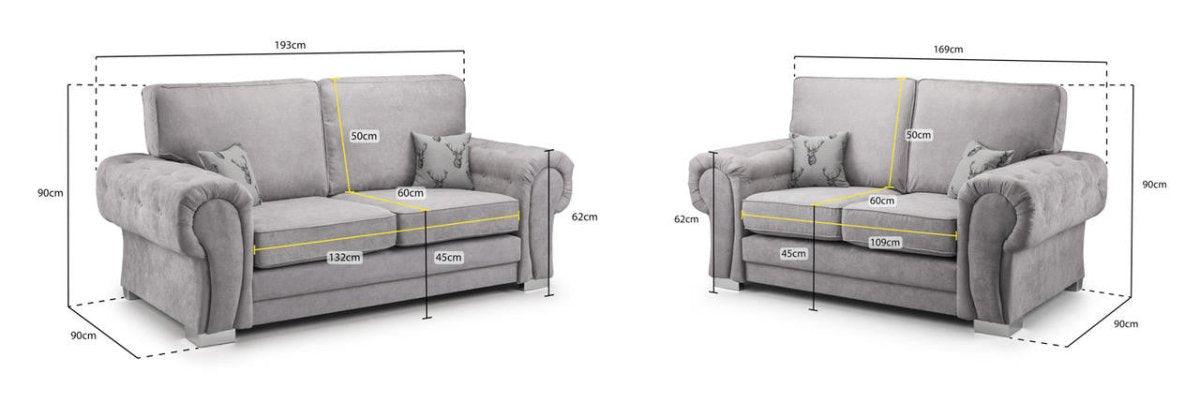 Modern grey fabric sofa set with two- and three-seater sofas, detailed size dimensions shown