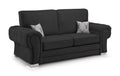 Modern black velvet 3 seater sofa with rolled arms, silver legs, and two deer print cushions