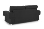Modern black three-seater sofa with full backrest, plush arms, and chrome legs
