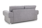 Modern grey fullback three-seater sofa with tufted arms and chrome legs, rear view