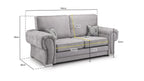 Light grey 3-seater sofa with rolled arms, scatter cushions, and measurement dimensions labeled.