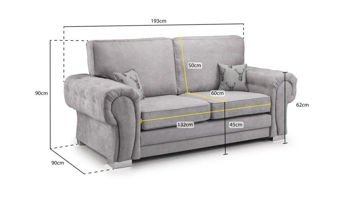 Light grey 3-seater sofa with rolled arms, scatter cushions, and measurement dimensions labeled.